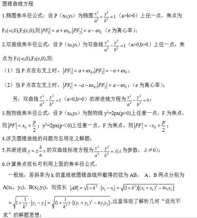2024年浙江省成人高考高起点《理数》学习考点笔记（圆锥曲线方程）